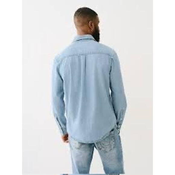 TRUE RELIGION DENIM PEARL SNAP LIGHT BLISSFUL HS CHAMBRAY LS SHIRT Sz M - Picture 2 of 6